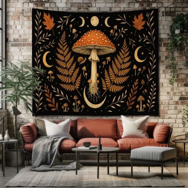 Magical Moon Phase Flying Mushroom Fern Snail Leaf Printed Tapestry Bohemian Celestial Plants Wall Hanging Room Decoration