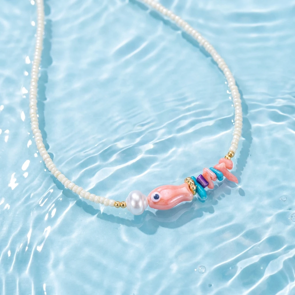Boho Weiße Reisperlen-Halskette für Frauen Niedlicher Fisch-Imitationsperlen-Anhänger Bunter Choker Sommer Strand Y2K Halsschmuck Geschenk – Detail 4