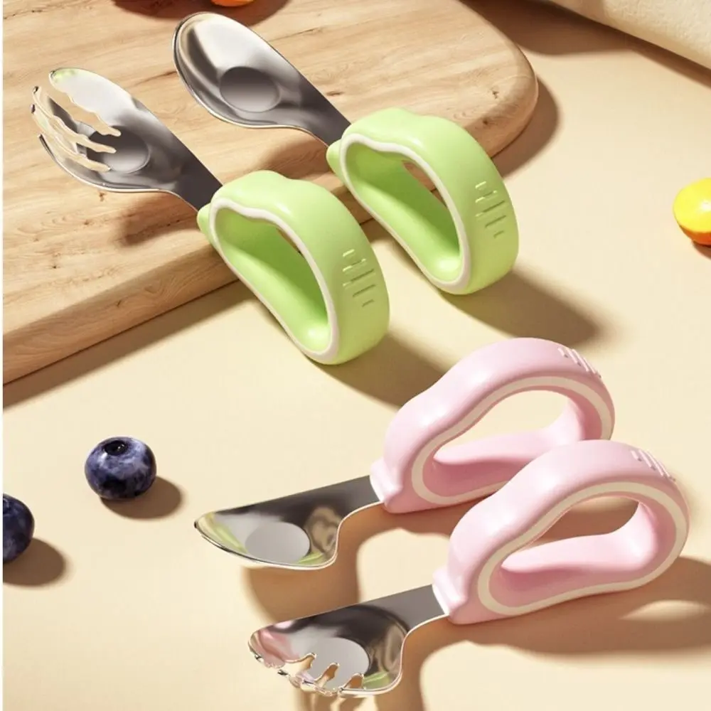 

2Pcs Silicone Handle Baby Fork and Spoon Set 316 Stainless Steel Self Feeding Baby Cutlery Anti-Choke Design with Storage Box
