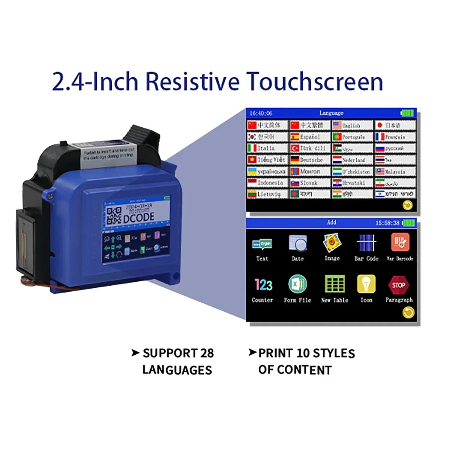 DCODE DC11 25.4 مللي متر/1 بوصة طابعة صغيرة محمولة طابعة نافثة للحبر محمولة غير مشفرة QR الباركود صورة شعار آلة ترميز التاريخ