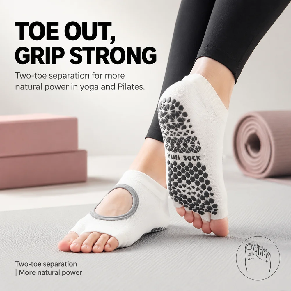 5 Pairs Women Non-Slip Yoga Pilates Socks with Grips Open Toe Two-Toe Design for Barefoot Workout Grip Ankle Socks