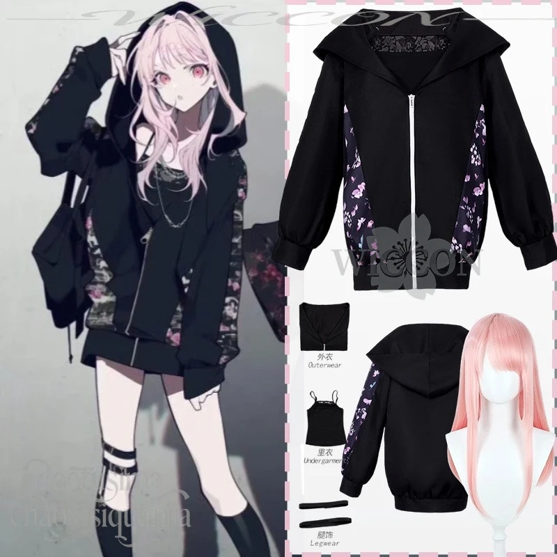 

Anime Game Project Sekai Crossover ZOZOT Cosplay Akiyama Mizuki Floral Pattern Black Hoodie Goth Costume Christmas Halloween Cos