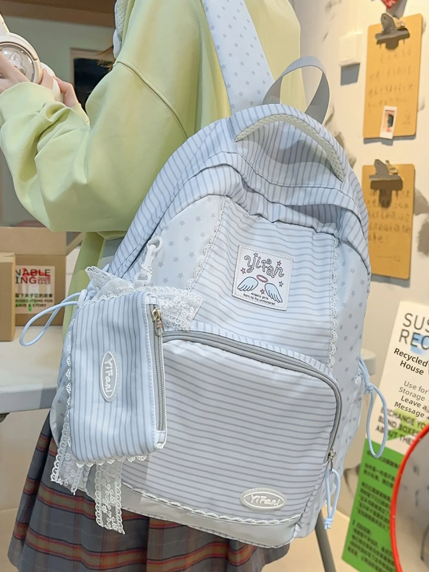 

Korean Sle Striped Star Large Capaci Student Bapa Lightweight Retro Bapa for Teens with Water Bottle Holder