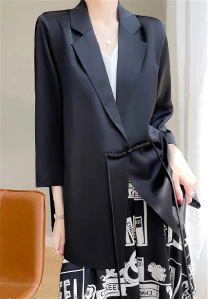 Chinese Style Suit Jacket Women's Medium Length 3/4 Sleeved Outer top 2024 Summer Haute Couture Acetate Satin Drape Women's Suit