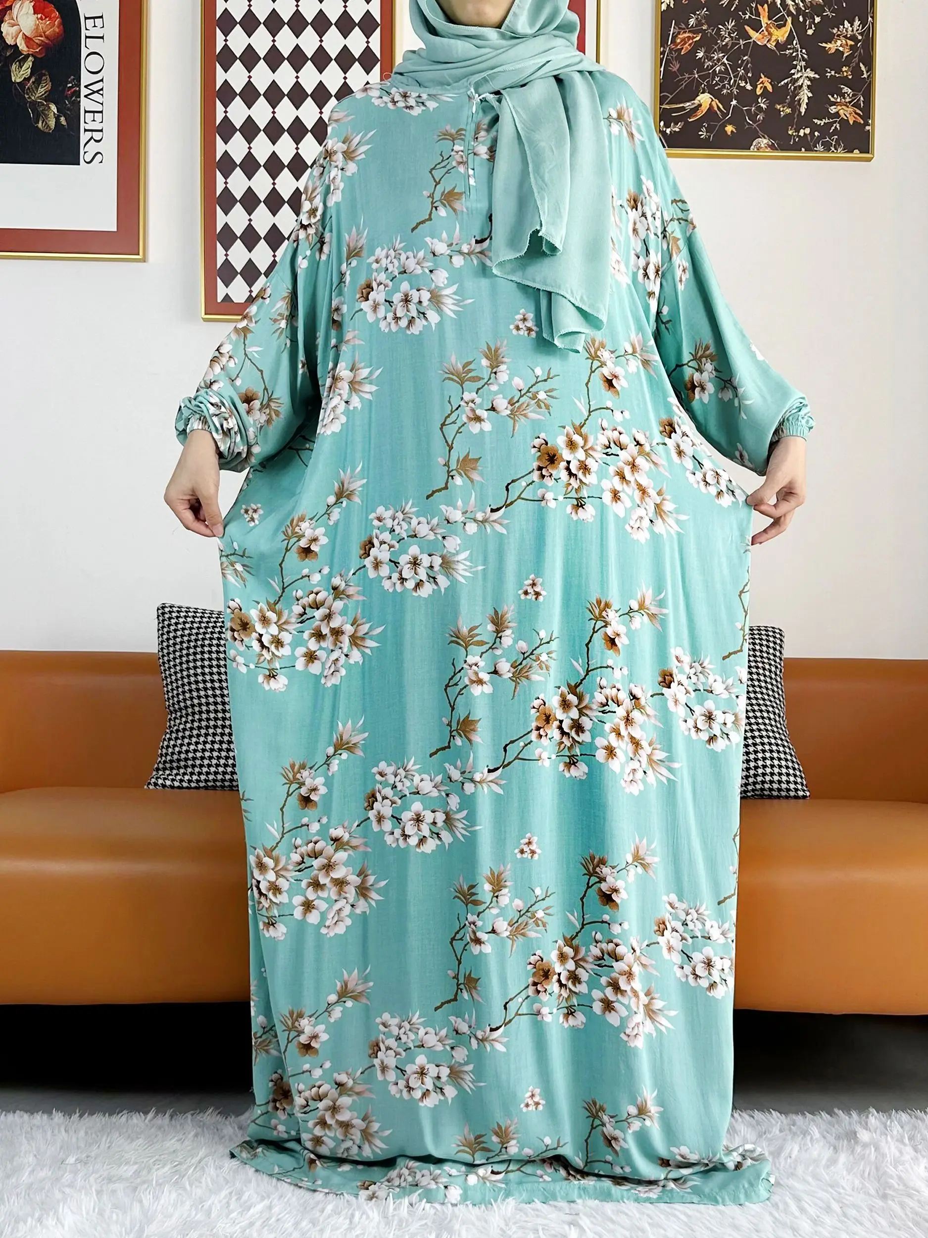 2023  Muslim Rayon Abayas Color Pitch Ramadan Prayer Dubai Turkey Middle East Femme Robe Floral Loose African Dress Turban Joint