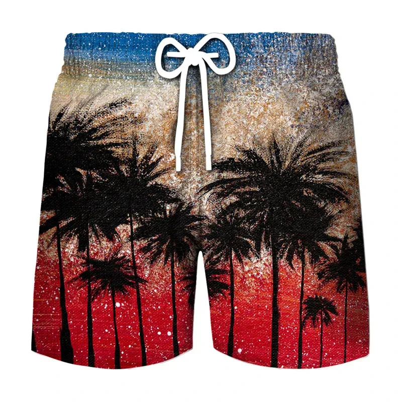 

New In Coconut Tree Graphic Swim Trunks Summer Casual Holiday Vacation 3D Printed Beach Shorts Cool Oversized Mens Board Shorts