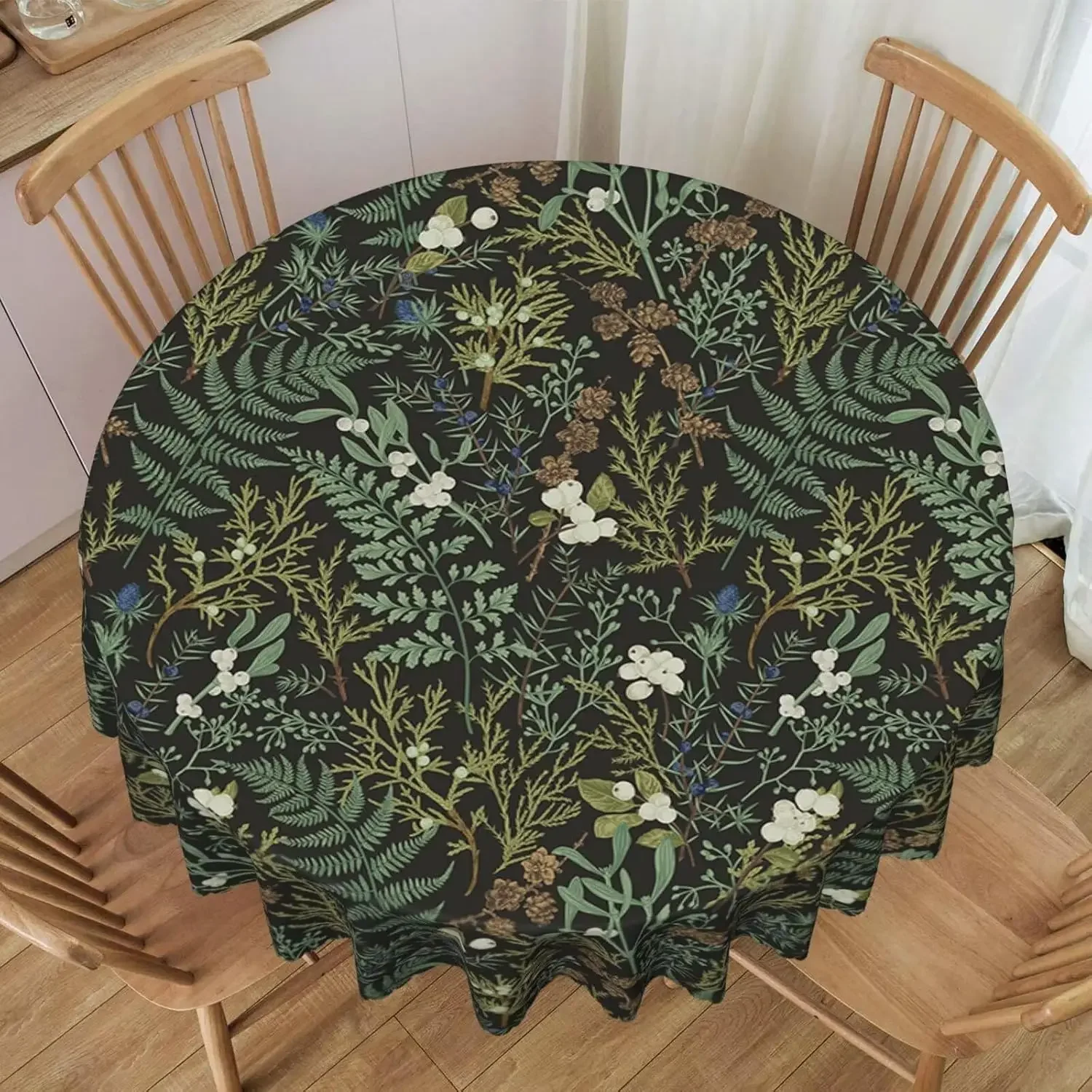 Botanical Sage Green Floral Circle Tablecloth - Black Flower Plant Pattern Washable Party Dining Cover