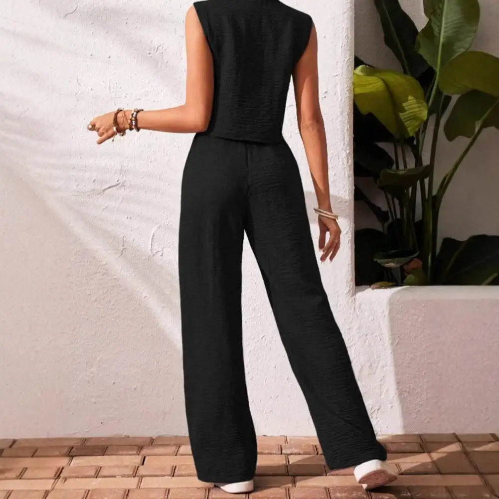 

Elegant Women's Office Two Piece Sets Summer Fashion Solid V Collar Single Breasted Short Sleeve Top & Long Pants Suit