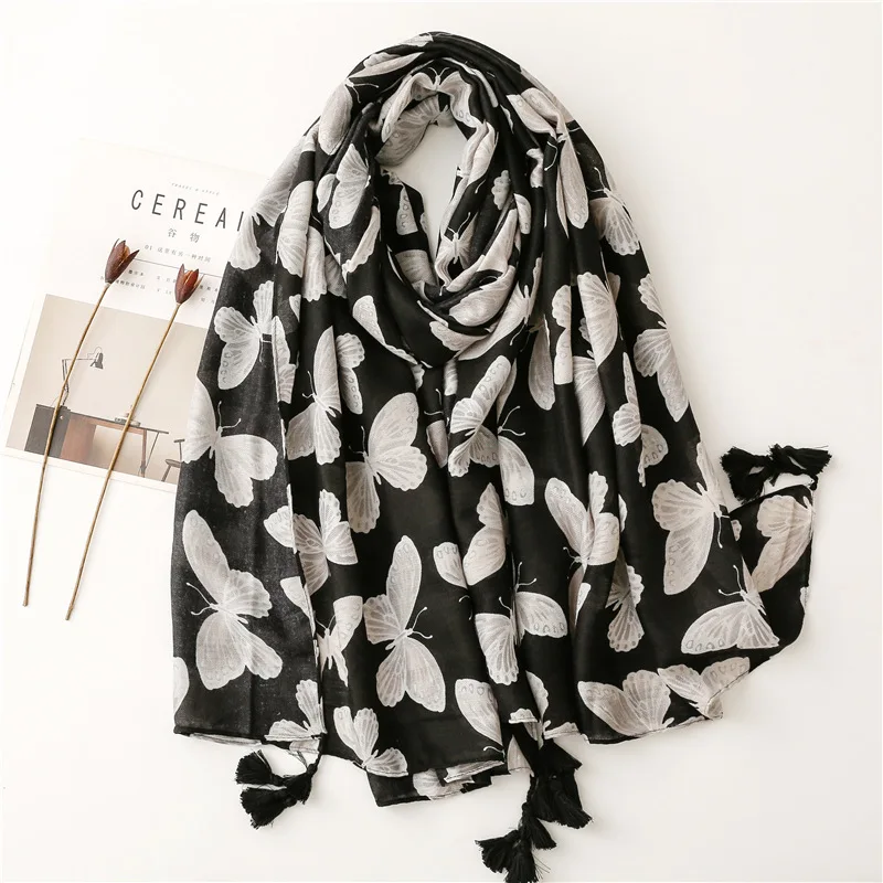 

Fashion Luxury Butterfly Women Viscose Scarf Ventilate Designer Shawl Cotton Linen Tassel Pashmina Muslim Hijab Wrap