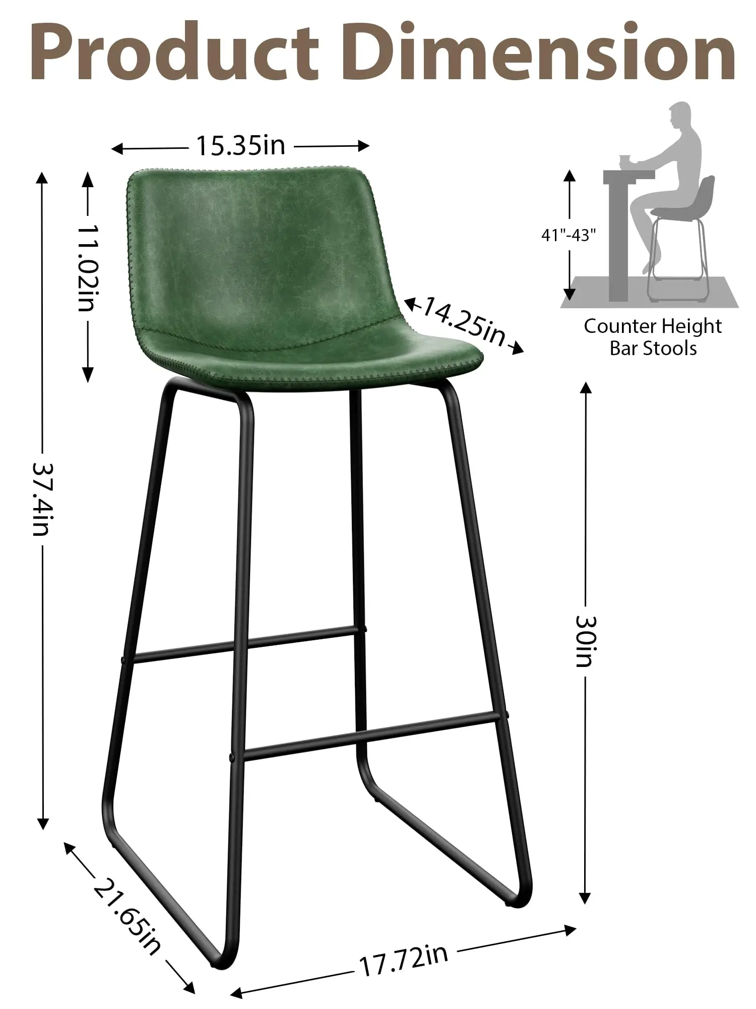 30in Bar Stools Counter Height Chairs Set of 3 Metal Legs (Green)