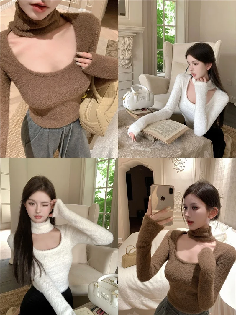Czysta Pożądanie Seksowna Dziewczyna Golf Dzianinowy Podkoszulek Damski Jesienno-Zimowy Z Futrzanym Wykończeniem Kwadratowy Dekolt Top Bielizna Wewnętrzna Wisząca Na Szyi...