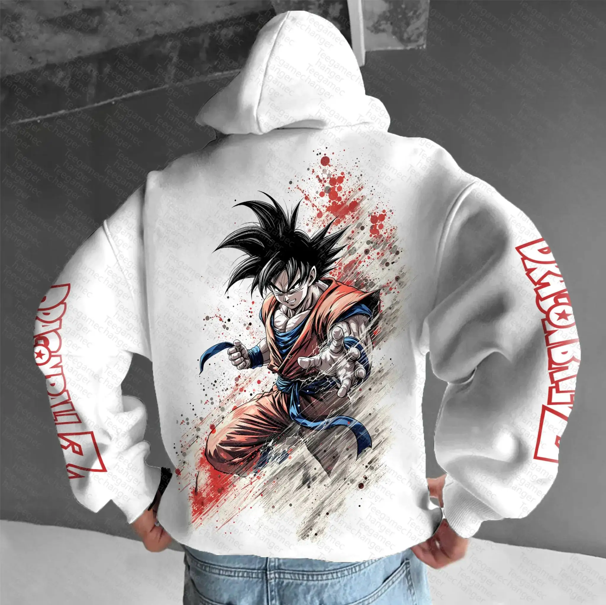 DRAGON BALL Goku Sudadera con capucha blanca hombres mujeres Anime personaje estampado jersey con efecto de tinta roja y diseño Wu Kanji ropa de calle informal