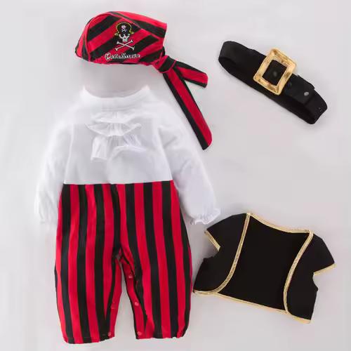 Baby Boys Girls Captain Pirate Costume Infant Toddler Romper Jumpsuit Umorden Halloween Purim Party Fancy Dress Red Stripe - Image 3