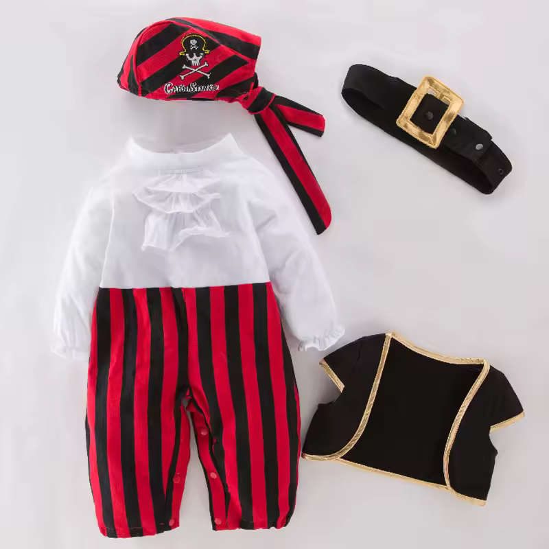 Baby Boys Girls Captain Pirate Costume Infant Toddler Romper Jumpsuit Umorden Halloween Purim Party Fancy Dress Red Stripe - Image 3