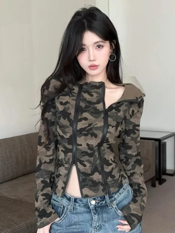 

Fall American Style Double Zipper Hooded Camouflage Long Sleeve T-Shirt Spicy Short Cardigan Hooded Top for Young Women