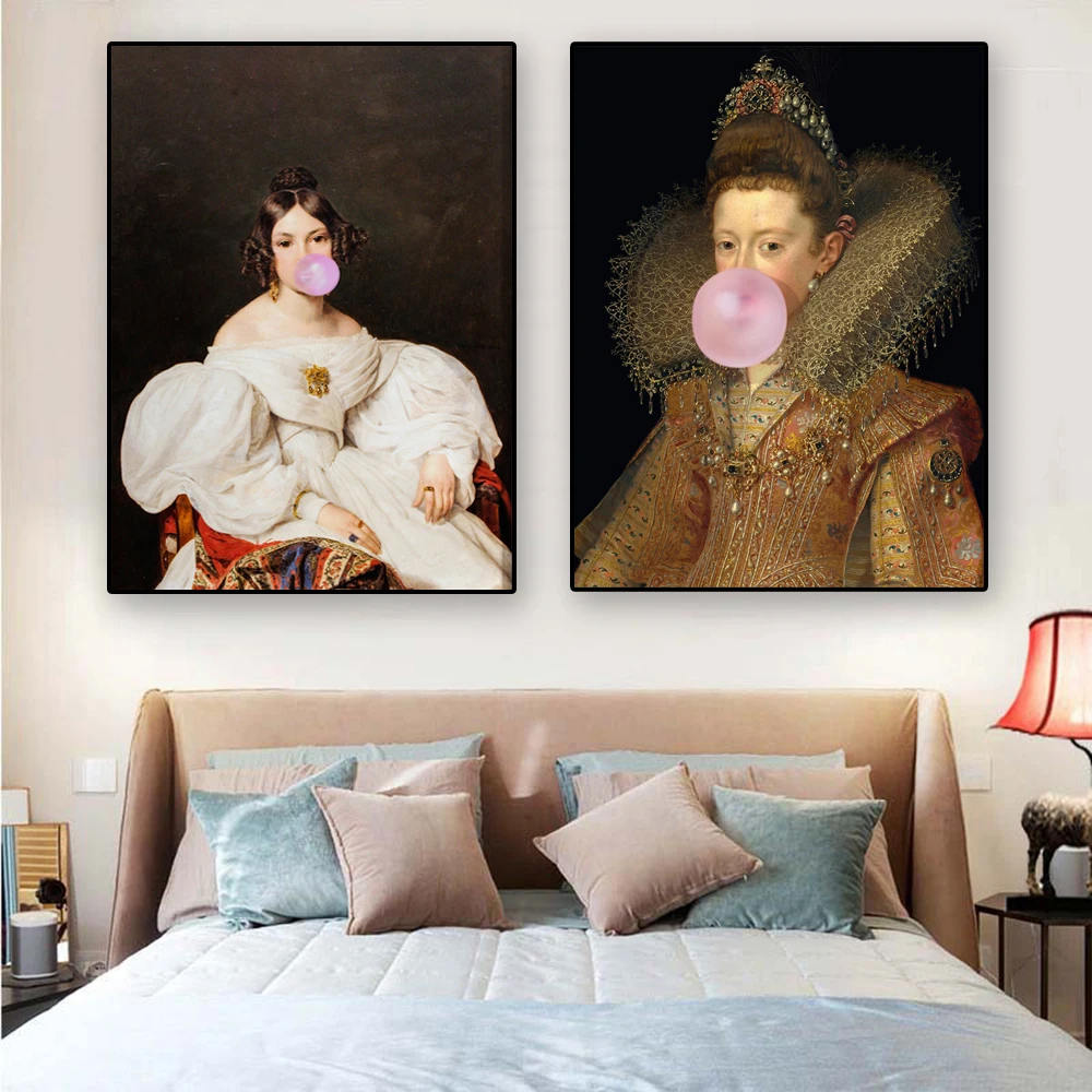 Baroque Art Poster Funny Pink Bubble Gum Print Alter Art Portrait of Louise Mayer Vintage Rococo Oil painting Gallery Wall Decor