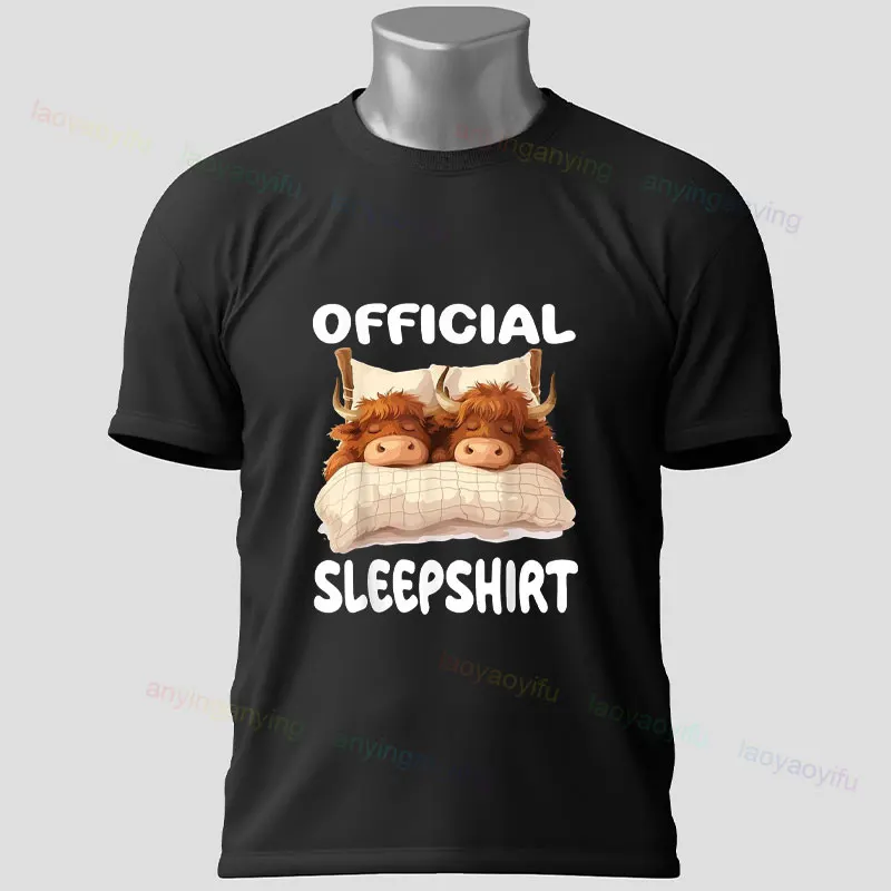 Grappige schattige Schotse Hooglandkoe officieel slaapshirt pyjama nachtjapon grafisch T-shirt korte mouwen puur katoenen T-shirt vrijetijdskleding