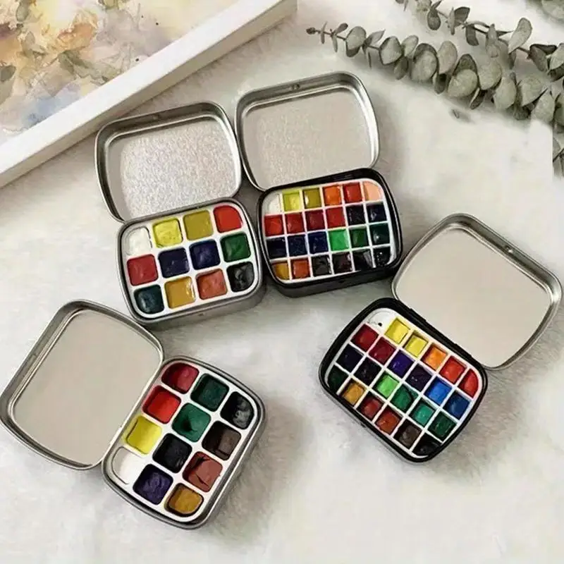 1Pc Mini Portable Watercolor Pigment Box 12 Color Continuous Grid Flip Cover Painting Supplies