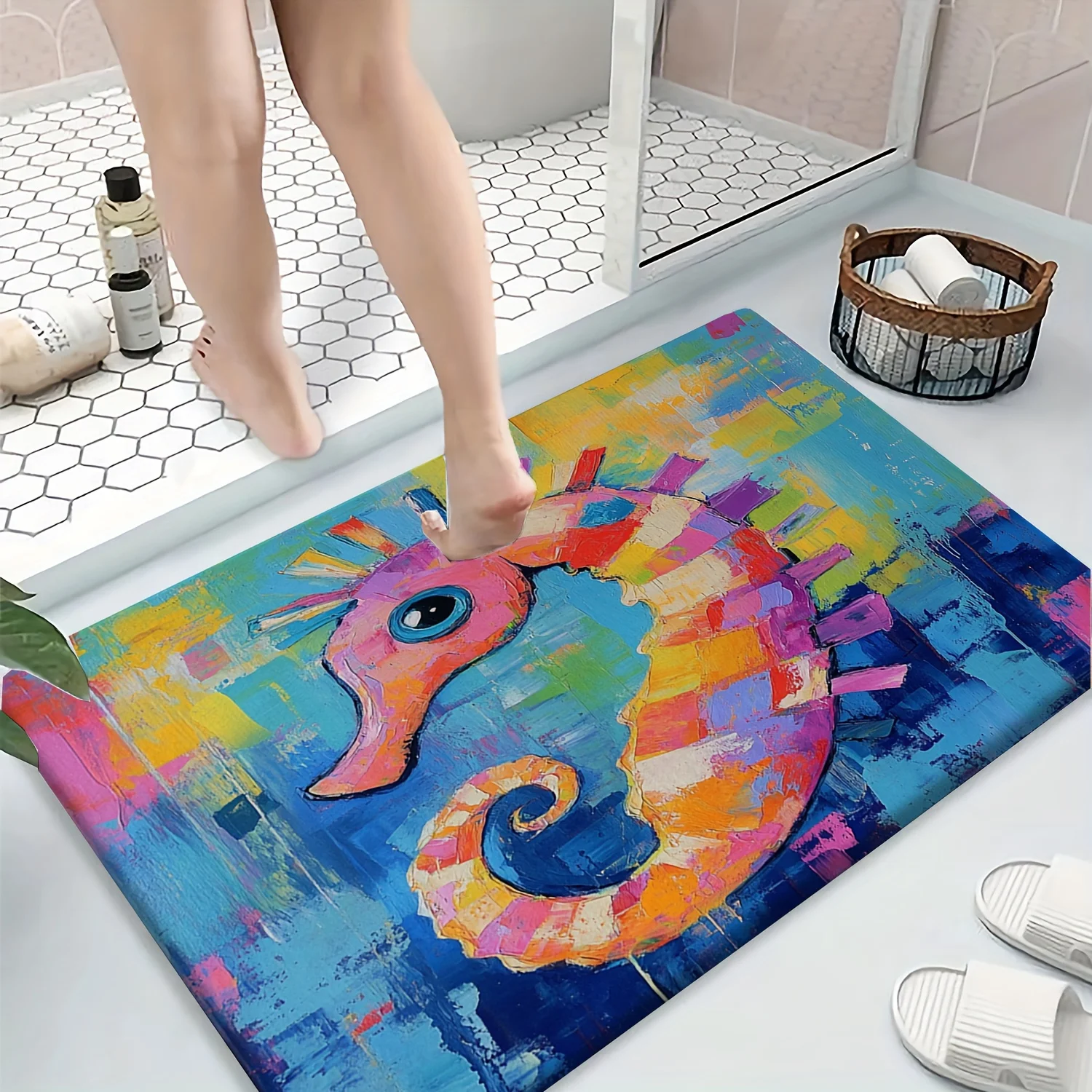 

Colorful Seahorse Printed Flannel Bath Mat With Artistic Paint Style Soft Non Slip Rug For Bathroom Or Home Decor