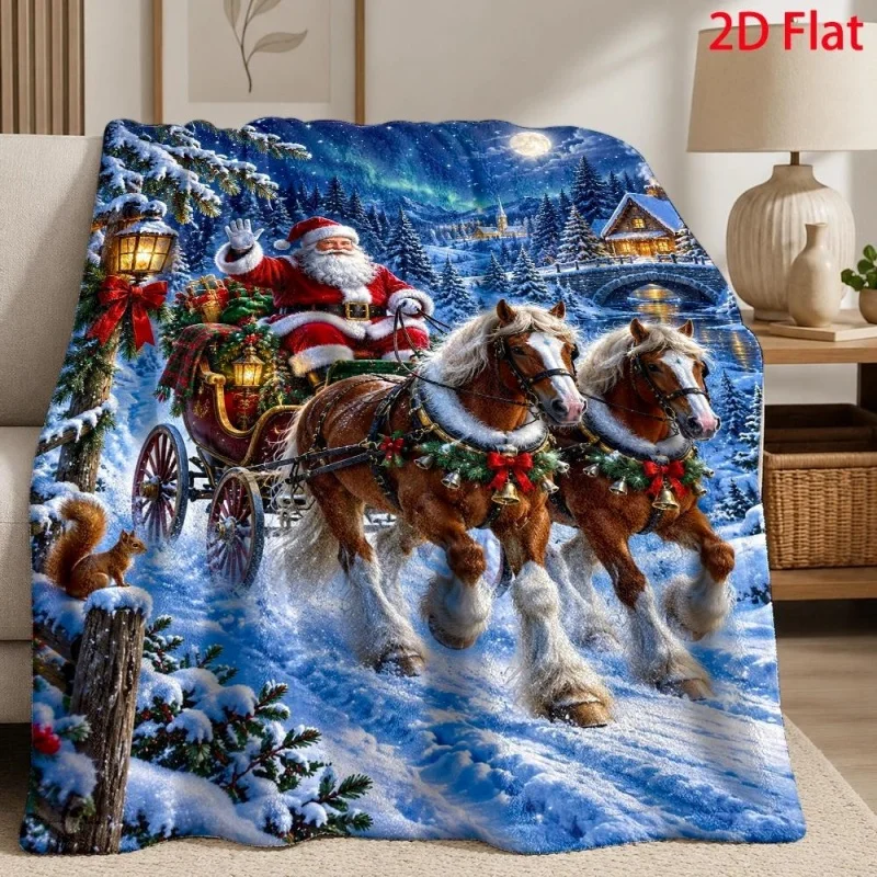 Santa Reading Book Reindeer Print Flannel Blanket, Vintage Fireplace Xmas Scene Pattern Soft Throw Blanket