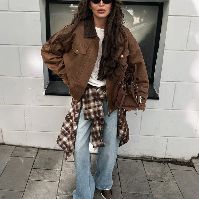 Straight Leg Single Coat Regular Length Individual Streetwear with Workwear Zipper Front No Hood Medium Thickness Women Coat