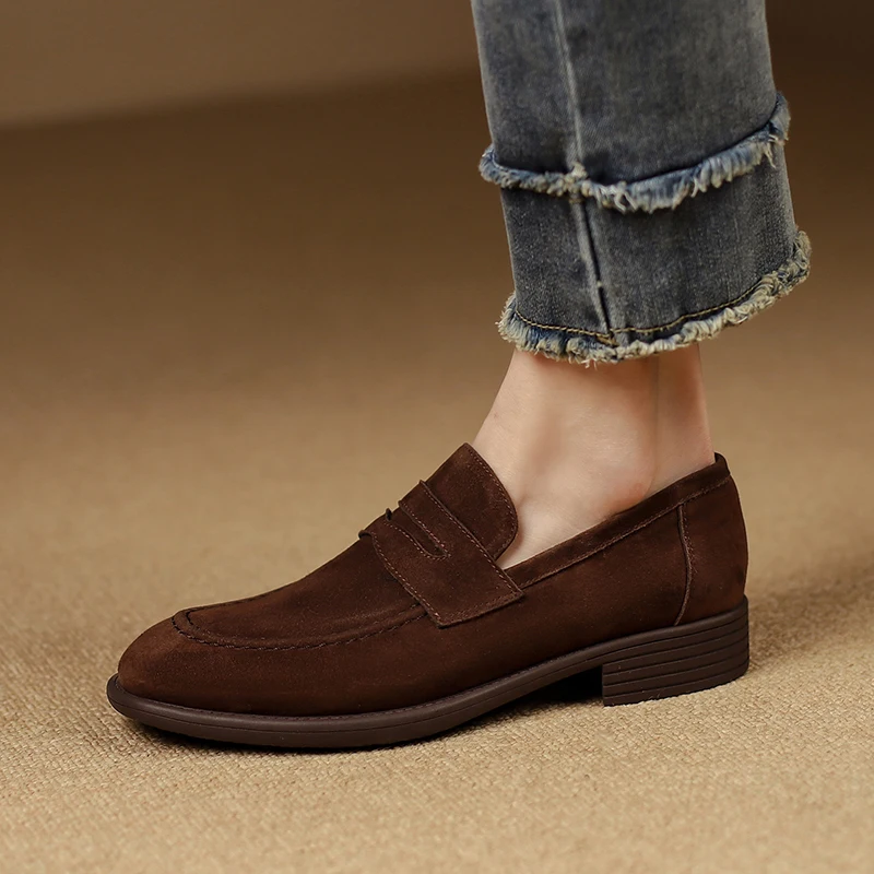 EAGSITY Cow Leather suede loafers square heel women's shoes slip on shoes low heel outdoor footwear sport casual shoes sneaker