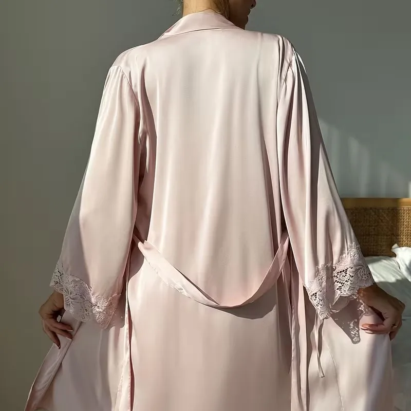 Wiosna lato damska szata koszula nocna bielizna nocna dwuczęściowy zestaw seksowna patchworkowa koronkowa koszula nocna Kimono szlafrok luźna odzież na co dzień w domu — zdjęcie 4