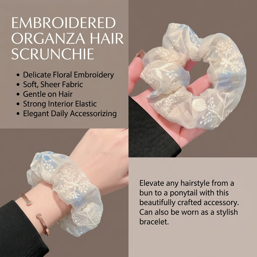 Eleganter Spitzenblumen-Scrunchie im koreanischen Stil, großer Haargummi für Damen und Mädchen, trendiges Haar-Accessoire für den Alltag. – Detail 7