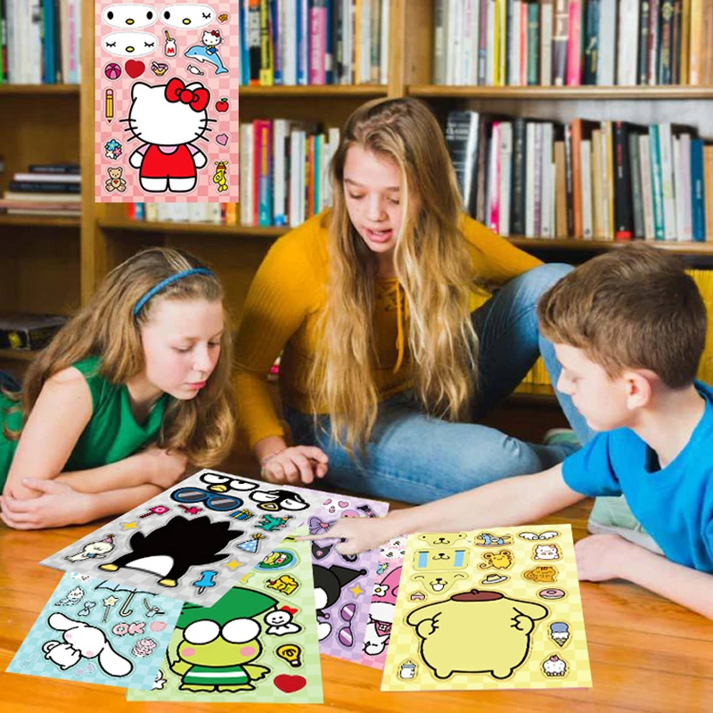 Sanrio 8 Sheets Mix Children Puzzle Anime Stickers Kuromi Hello Kitty Make a Face Assemble Game Decal Assemble Jigsaw Girl Toy