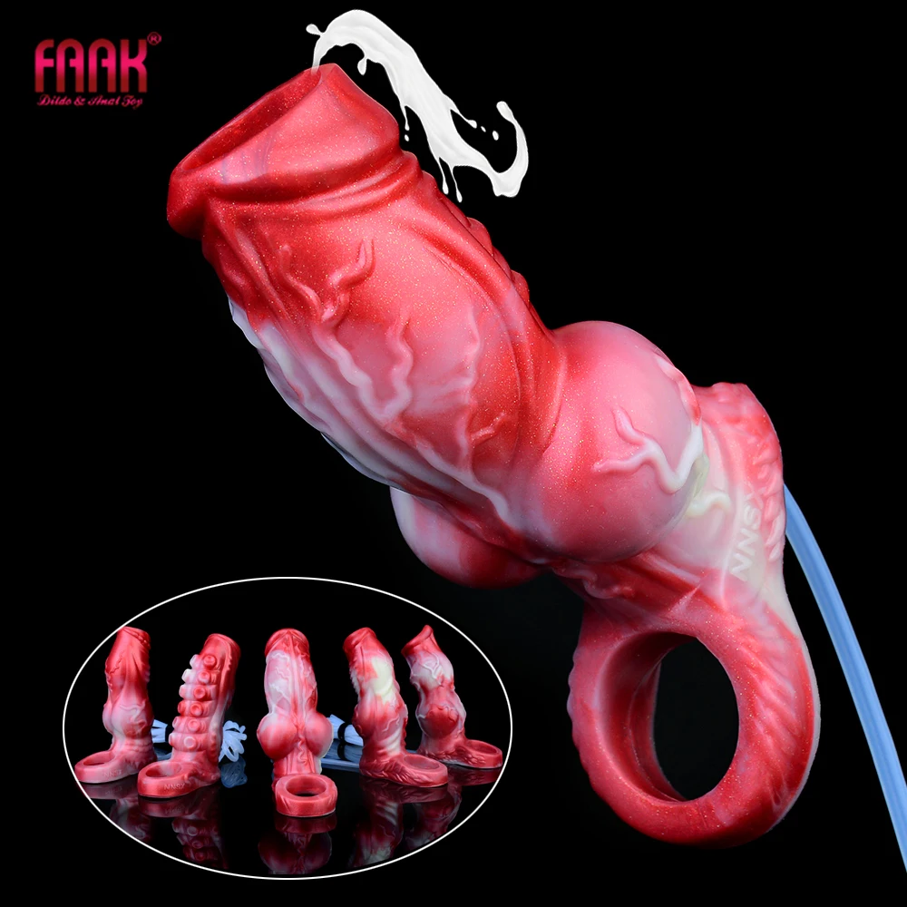 FAAK Fantasy Squirting Penis Sheath Silicone Ejacualtion Penis Sleeve Knot Dog Hollow Dildo Sex Toys For Men Cock Enlargement