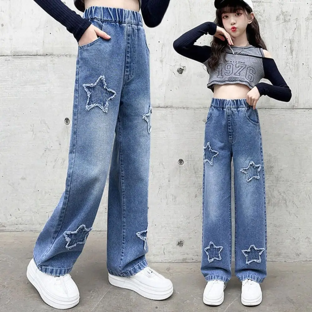 المطرزة نجوم المراهقين فتاة الجينز عالية الخصر فضفاض الأطفال Y2K الجينز واسعة الساق كاوبوي السراويل الفتيات سراويل جينز الفتيات هدية