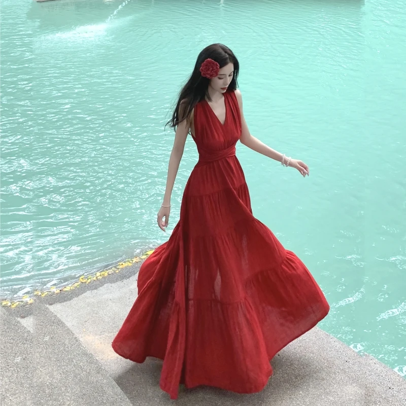 French Holiday Beach Long Dress Women Summer Sleeveless Backless Bandage  Ren Vestidos Elegant Evening Party Birthday Dresses - AliExpress 200000345
