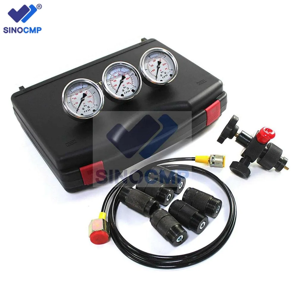 Nitrogen Accumulator Hydraulic Gauge Test Kit box with 3 Gauges 10Mpa / 25Mpa / 40Mpa, M28 G5 adapter 7 Couplings,1 Gas Hose Kit