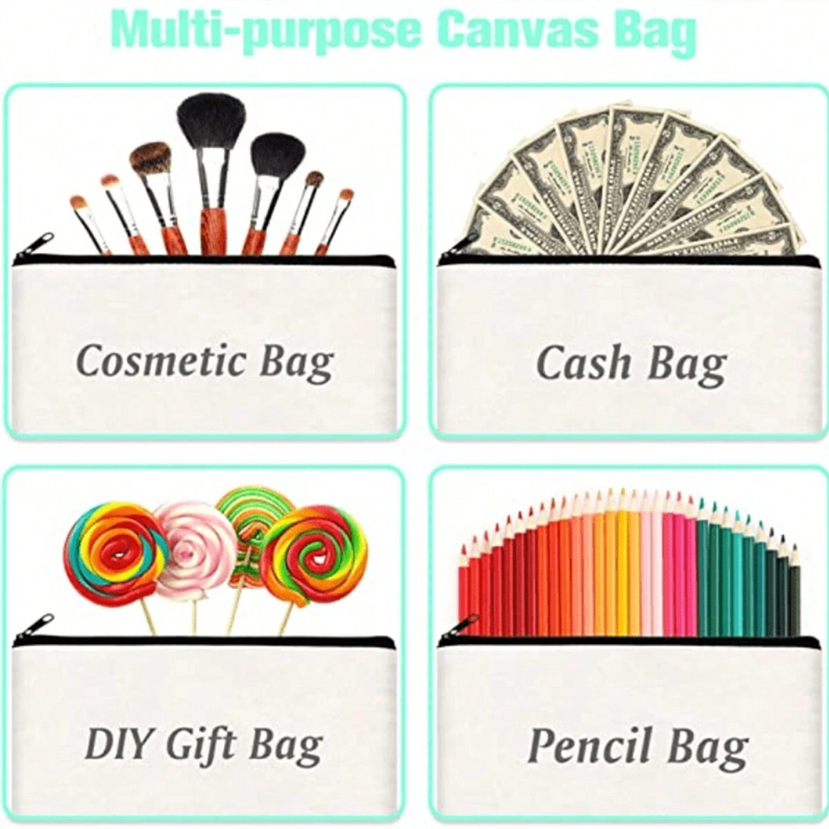 Canvas Storage Pouch, Multi Functional Cosmetic Bag, Zipper Pencil Case For Students DIY