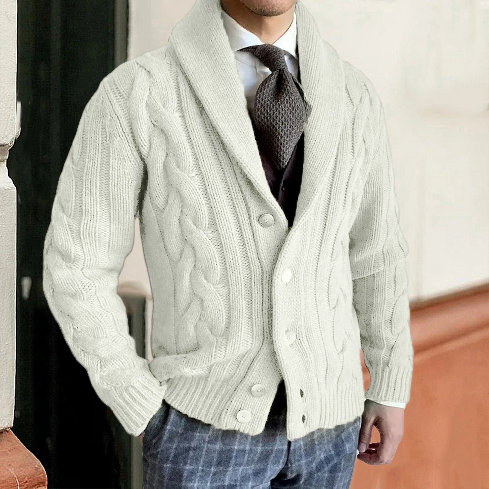 Retro Men Sweater Coat Twisted Texture Long Sleeves Solid Color Stand Collar Double-breasted Buttons Elastic Men Spring Coat