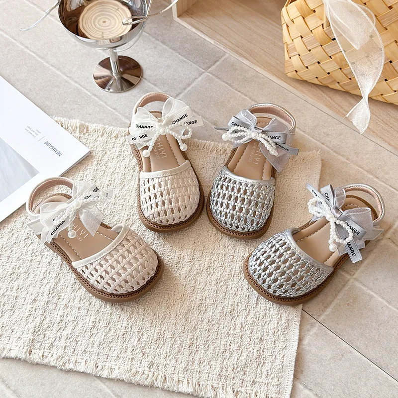 Chic Children's Sandals Summer New Elegant Girls Princess Shoes Woven Style Beach Causal Kids Flat Sandals Solid Color Versatile
