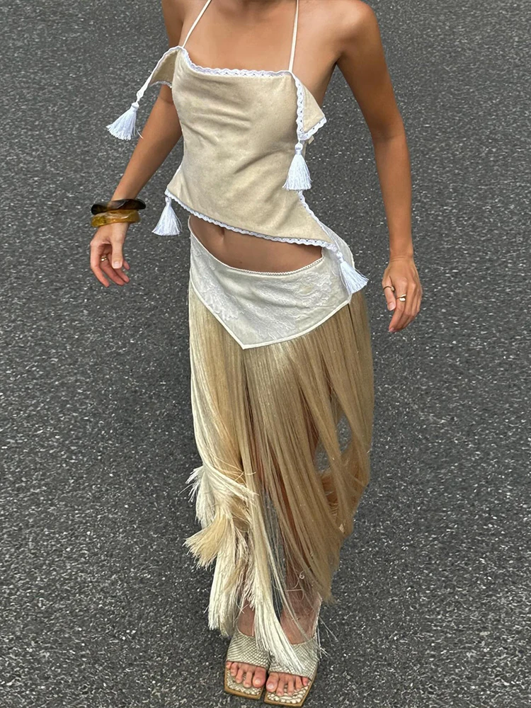

Whatiwear New Trend Party Tassel 2 Piece Set Women Irregular Halter Backless Bandages Tank Top+Patchwork Skirt Sexy Streetwear