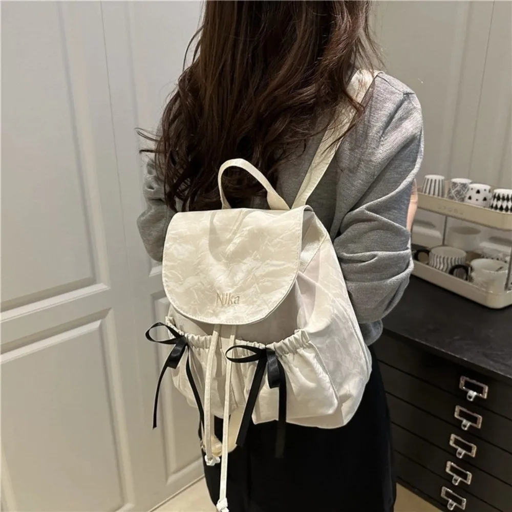 Fashion Cute Knot Women's Backpack Drawstring Large Capacity Students Bookbag Solid Color Travel Bag Travel