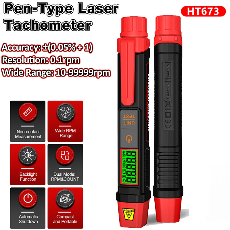 HT673 Neuer Stiftförmiger Laser-Tachometer Berührungsloser Digitaler Drehzahlmesser 10-99999 U/min Tragbarer Geschwindigkeitstester mit LCD-Hintergrundbeleuchtung