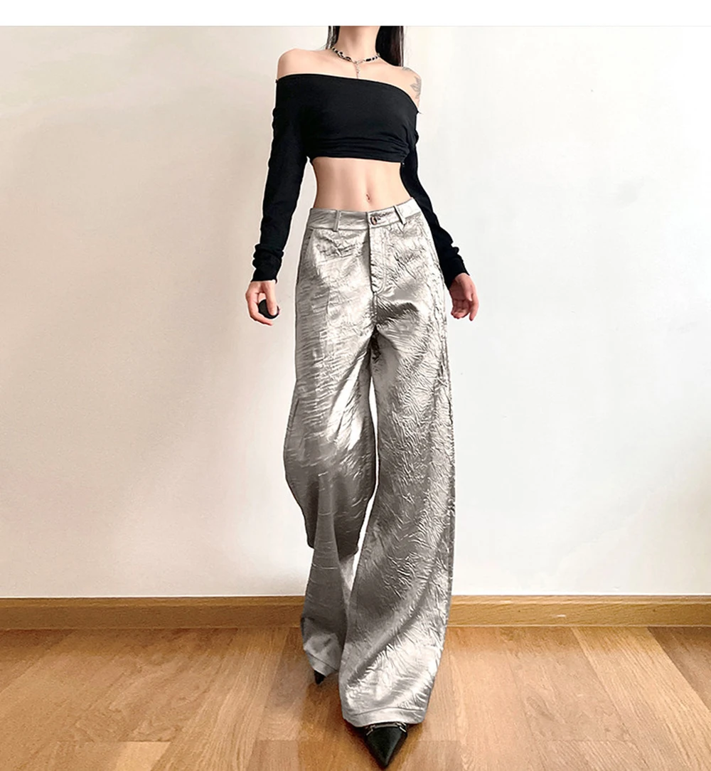 

Серебристые широкие брюки для женщин: модные, шикарные, плиссированные, повседневные, весенние, новые, с высокой талией, на резинке, свободные, длинные