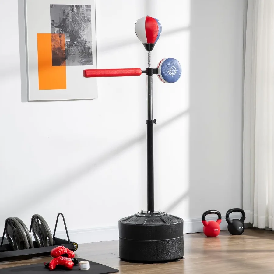 Freestanding Boxing Speed Bag with Reflex Bar & Adjustable Height Stand, 64–81 in Height, 12 Suction Cups, Sand/Water Base for Stability