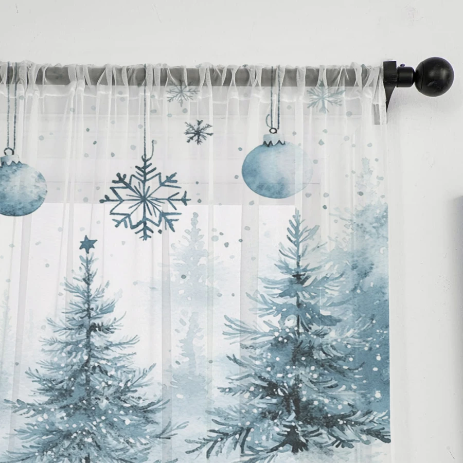 クリスマス柄のシアーカーテン2枚セット。青い雪の結晶の水彩画 - Curtain Rods のレビューと価格