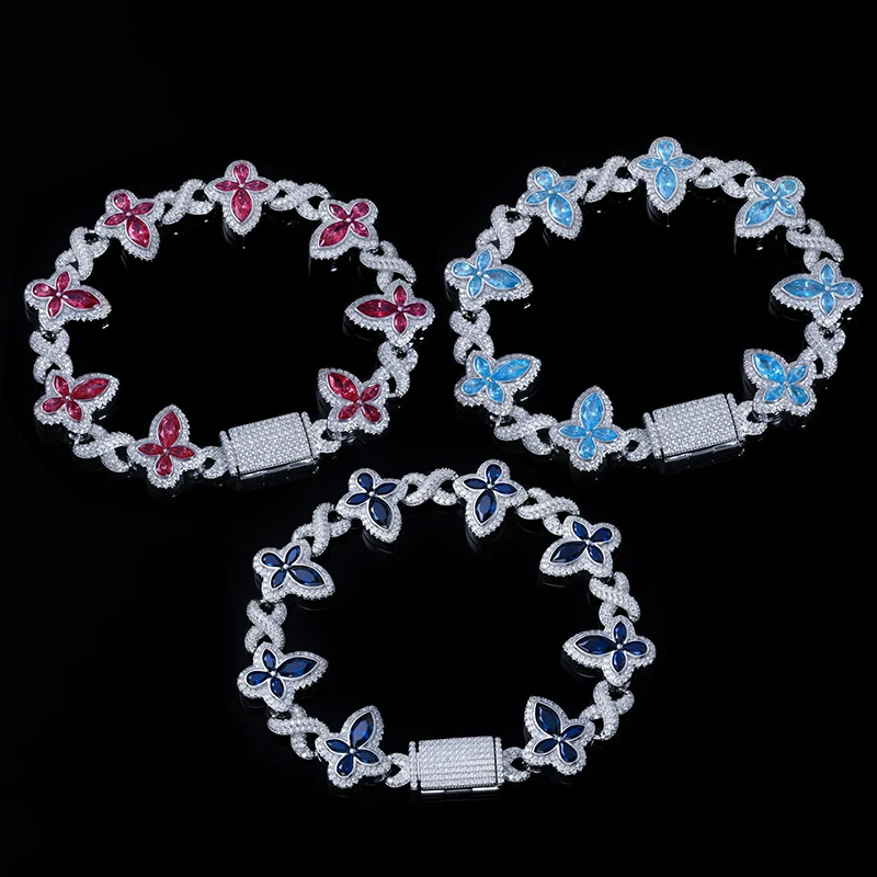 Hip Hop 3A+ Cubic Zirconia Paved Bling Iced Out Infinity Cross Link Chain Bracelets for Men Rapper Jewelry Red Blue