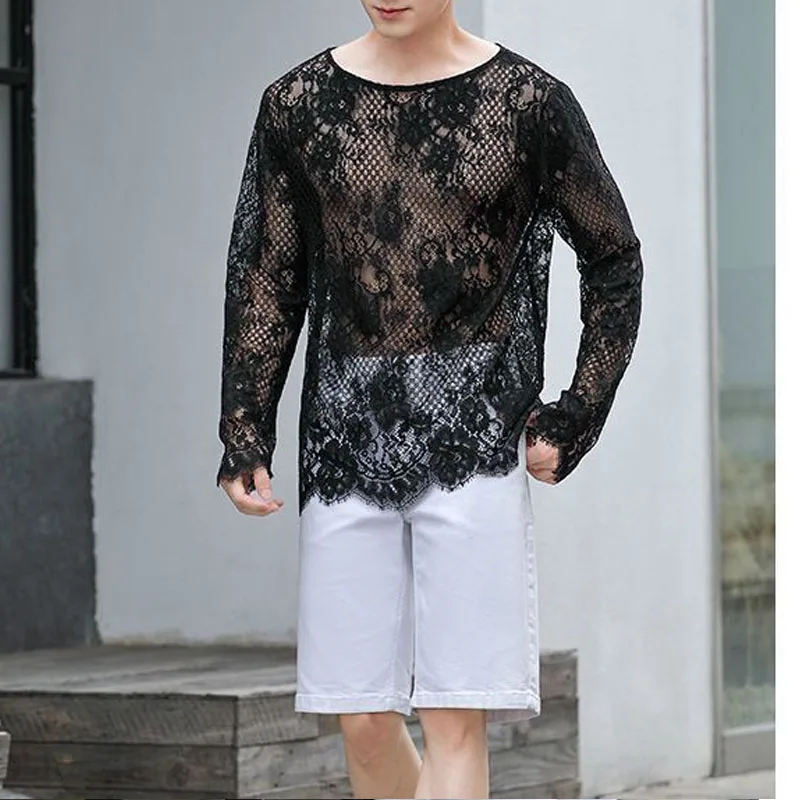 Man Lace T-shirt New Hollow Long Sleeve Bottoming Shirt Fashion Casual High Street Solid Color Men\'s Wear