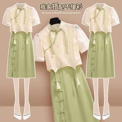 New Chinese Style Improved Qipao Dress Women Summer Retro Cheongsam Embroidery Short Sleeve Tops Green Skirt Two Piece Set