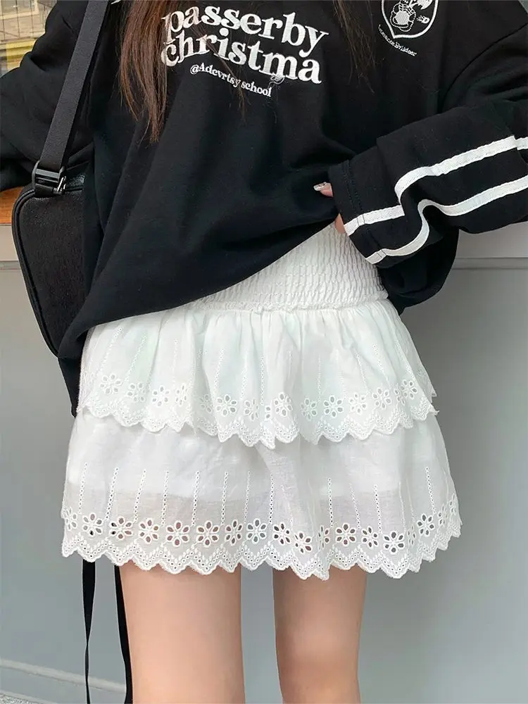 HOUZHOU Kawaii White Mini Skirt Women High Waist Cute Patchwork Hollowed Out Ruffles Layer Lace Skirt Coquette Summer Streetwear