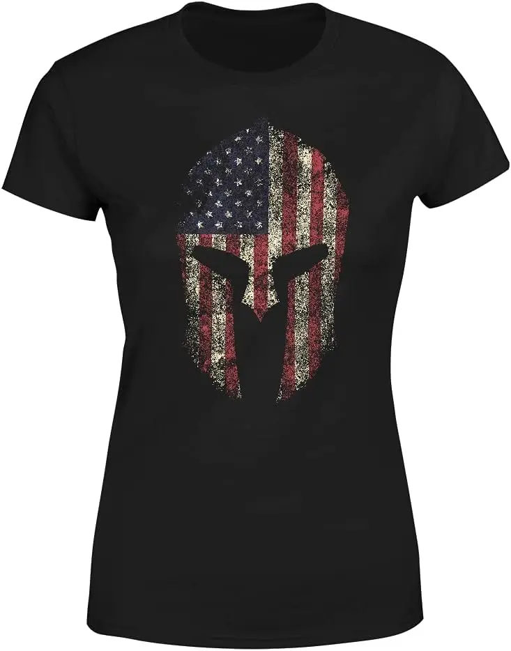 American Spartan Skull Colored Military Warrior Flag Patriotic Stars and Stripes Women T-Shirt