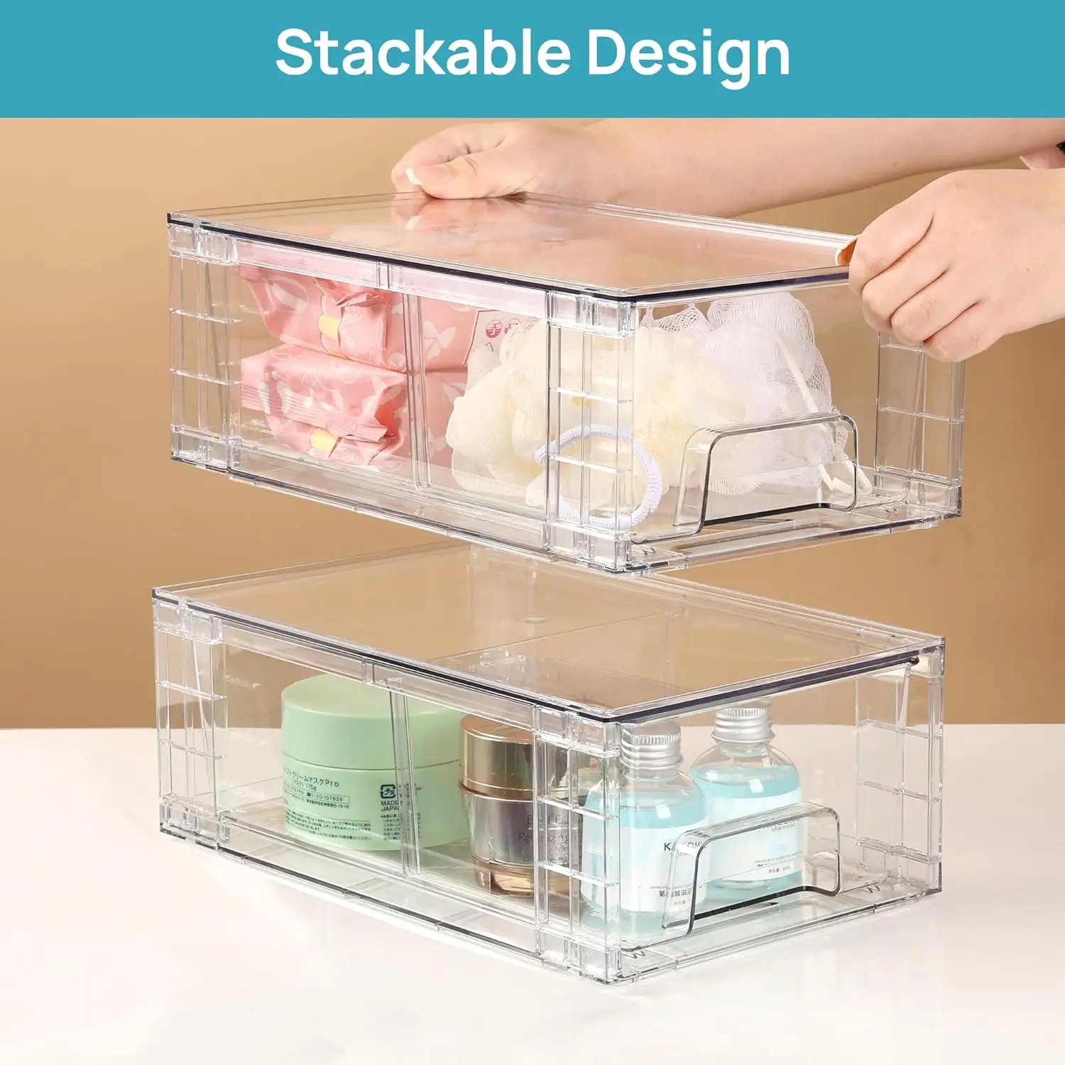 6 Pack Stackable Storage Drawers,Clear Acrylic Drawer Organizers with Handles, Easily Assemble Containers for Fridge