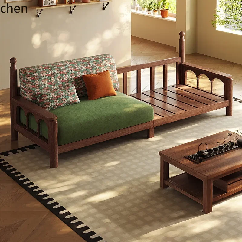 HYS Solid Wood Sofa Black Walnut Mid-Century Modern Minimalist Large and Small Apartment Living Room Fabric Straight Row Sofa