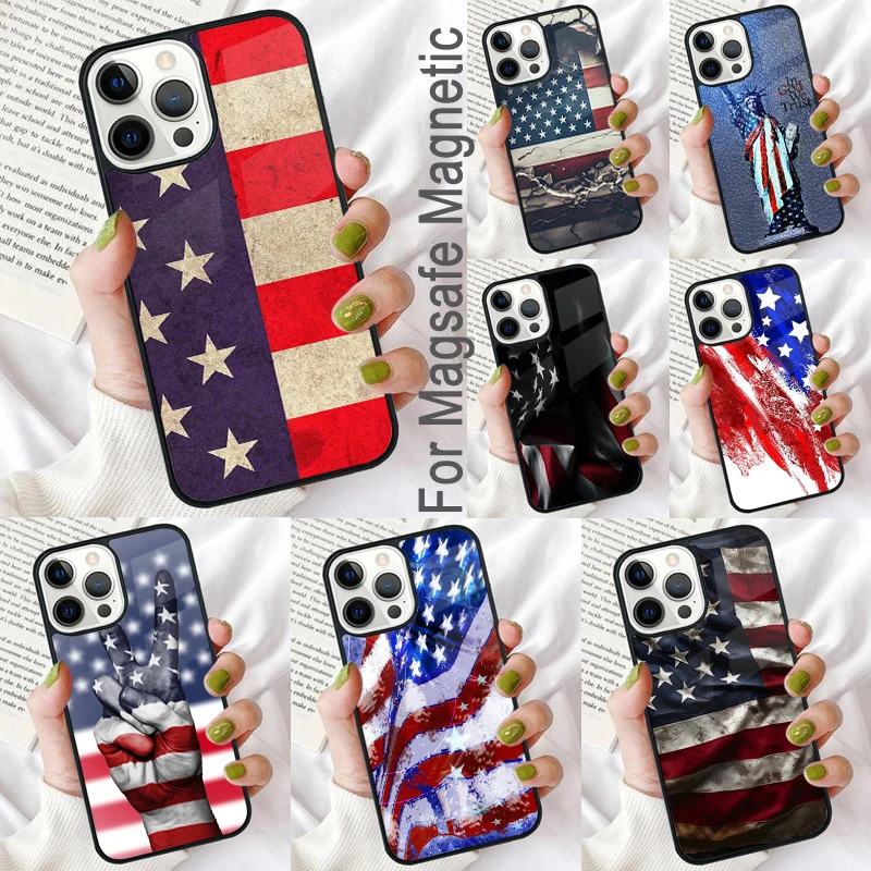 USA American Flag Magnetic Soft Phone Case for iPhone 16 Promax 15 Pro 13 14 Plus 11 12 Mini MagSafe Coque